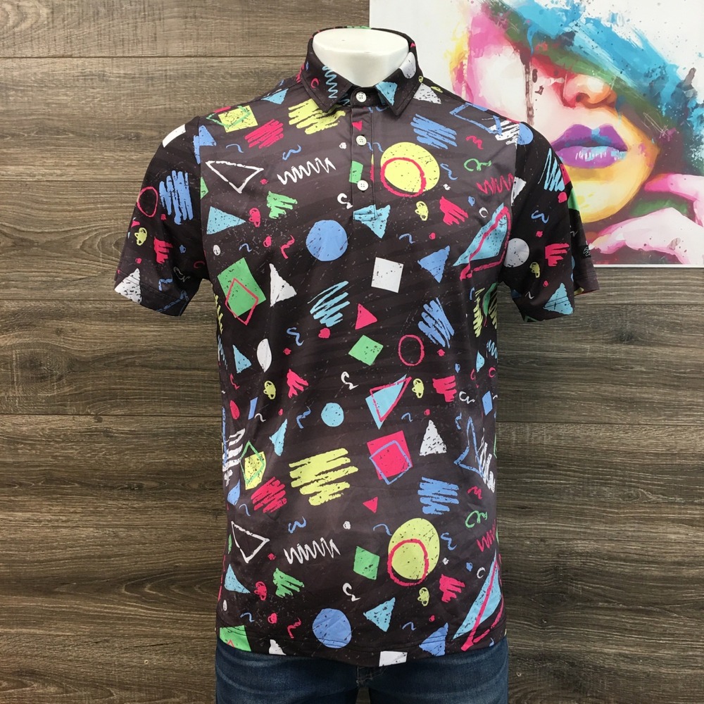 Sunday Swagger Mens Retro 90s Geometric‎ Golf Polo Shirt Neon Shapes Black Large
